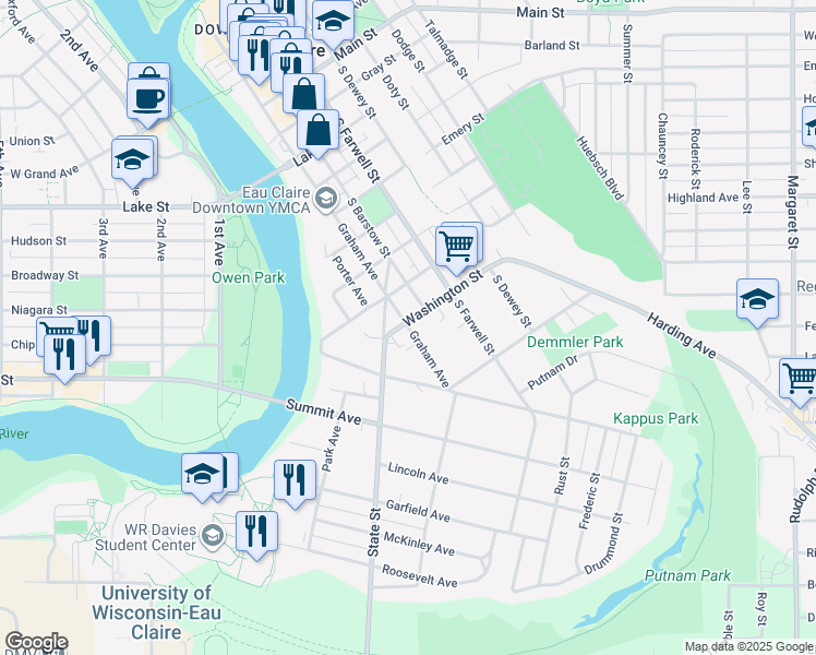 map of restaurants, bars, coffee shops, grocery stores, and more near 111 Washington Street in Eau Claire
