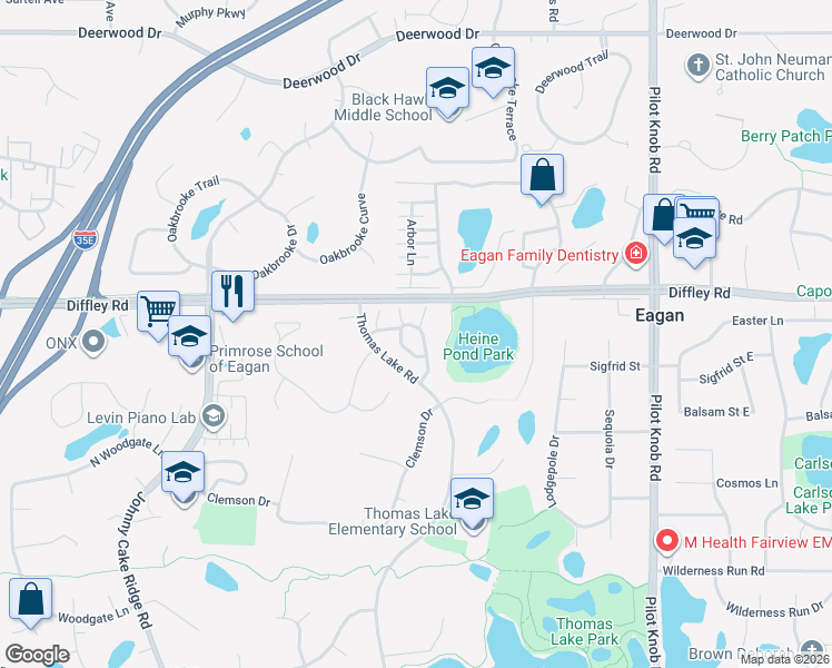map of restaurants, bars, coffee shops, grocery stores, and more near 4242 Boulder Ridge Point in Eagan