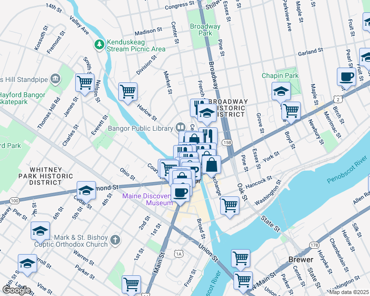map of restaurants, bars, coffee shops, grocery stores, and more near 123 Franklin Street in Bangor