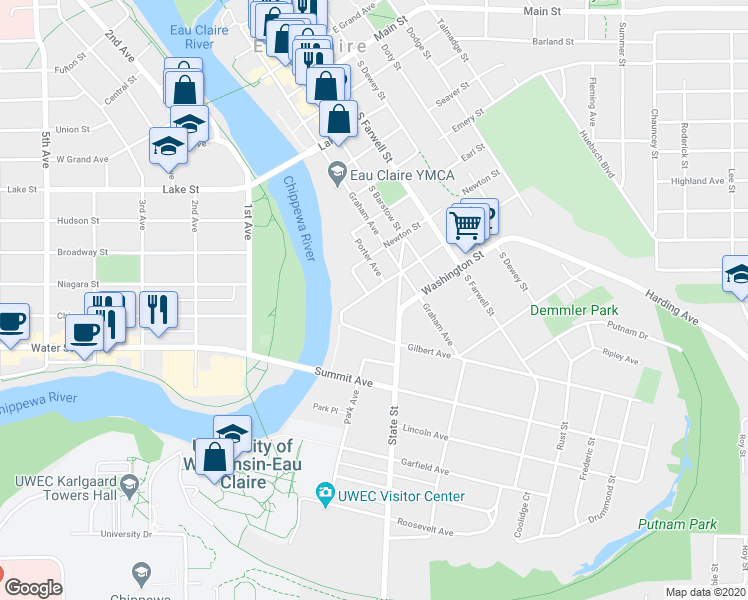 map of restaurants, bars, coffee shops, grocery stores, and more near 135 Marston Avenue in Eau Claire