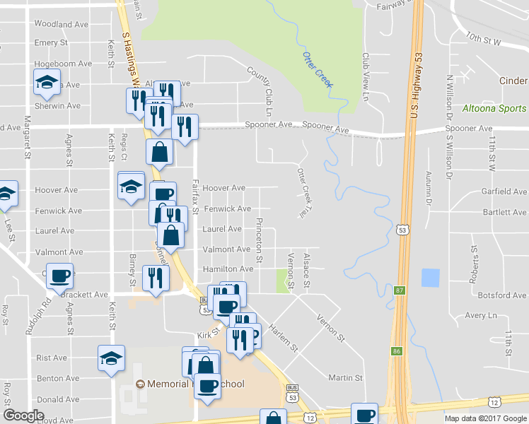 map of restaurants, bars, coffee shops, grocery stores, and more near 603 Princeton Street in Altoona
