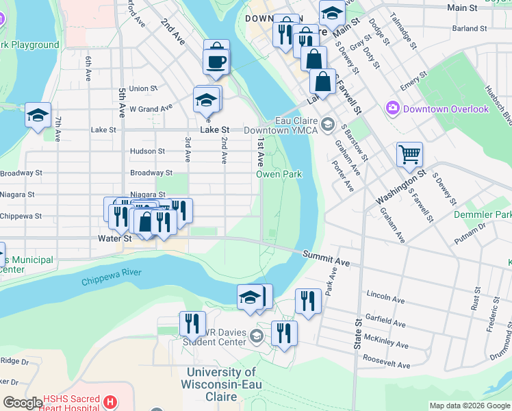 map of restaurants, bars, coffee shops, grocery stores, and more near 111 Niagara Street in Eau Claire