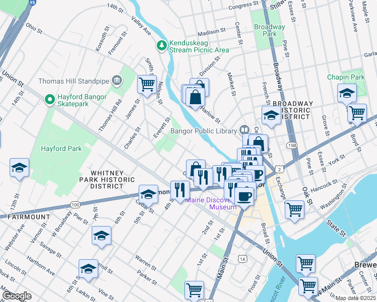 map of restaurants, bars, coffee shops, grocery stores, and more near 107 I Street in Bangor