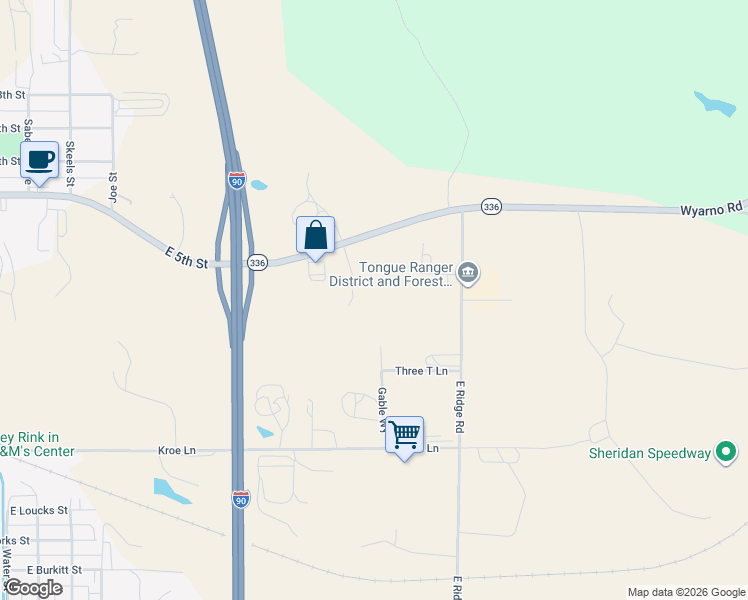 map of restaurants, bars, coffee shops, grocery stores, and more near 1912 Double Eagle Drive in Sheridan