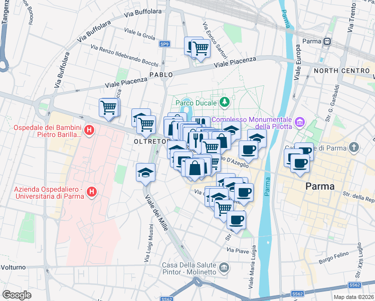 map of restaurants, bars, coffee shops, grocery stores, and more near 8 Via Santa Maria in Parma
