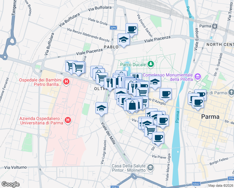 map of restaurants, bars, coffee shops, grocery stores, and more near 4 Via Antonio Cocconcelli in Parma