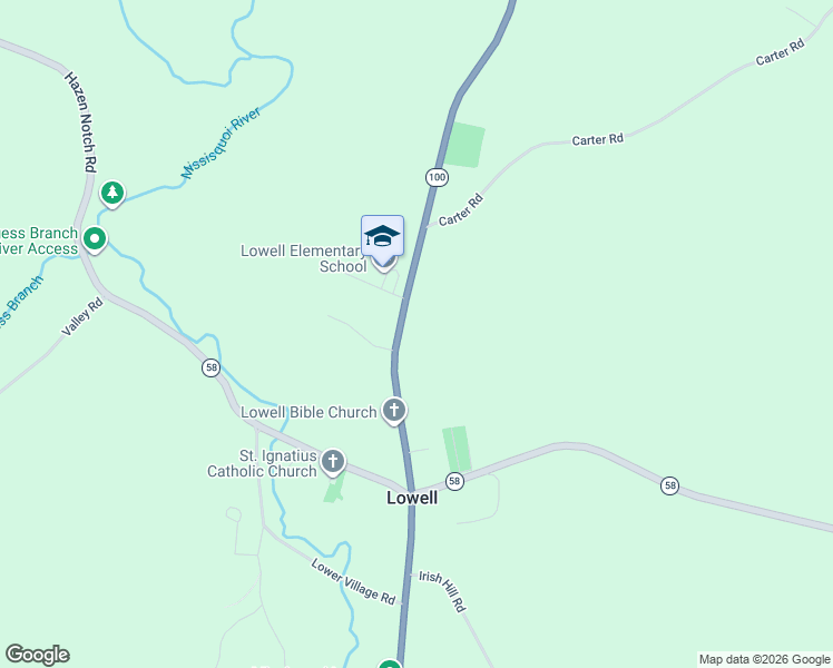 map of restaurants, bars, coffee shops, grocery stores, and more near 2305 Vermont Route 100 in Lowell