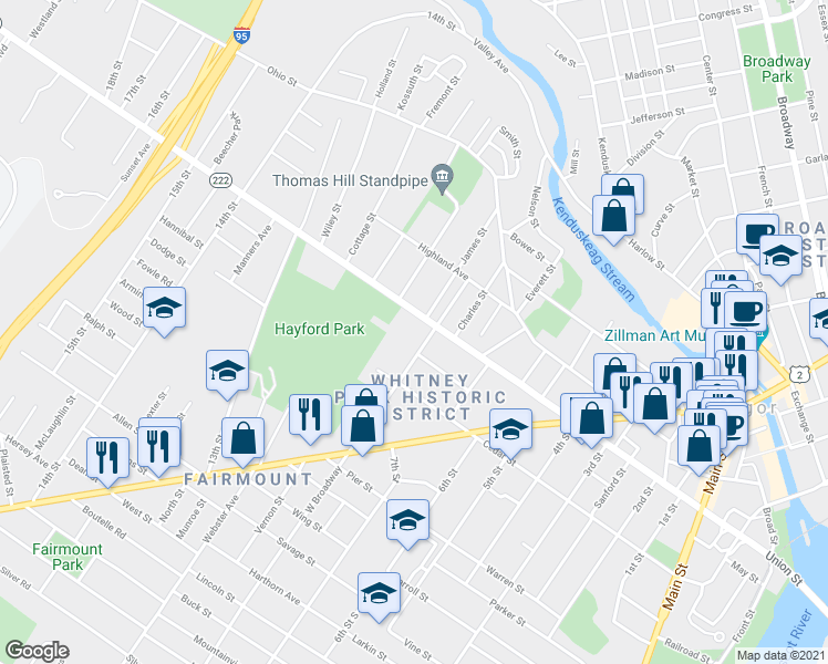 map of restaurants, bars, coffee shops, grocery stores, and more near 11 West Broadway in Bangor