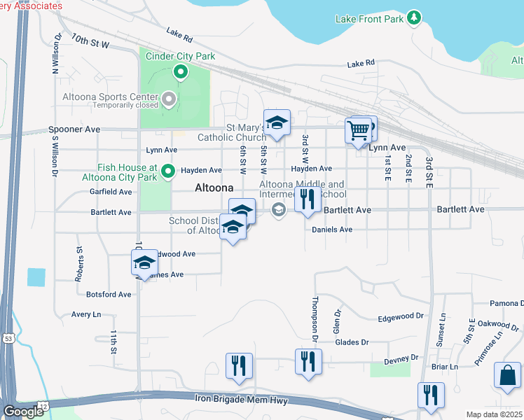map of restaurants, bars, coffee shops, grocery stores, and more near 527 5th Street West in Altoona