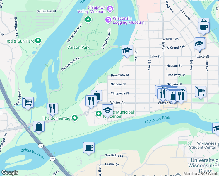 map of restaurants, bars, coffee shops, grocery stores, and more near 315 9th Avenue in Eau Claire