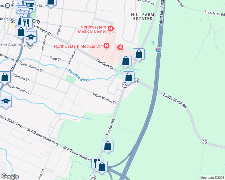 map of restaurants, bars, coffee shops, grocery stores, and more near 110 Fairfax Road in Saint Albans City
