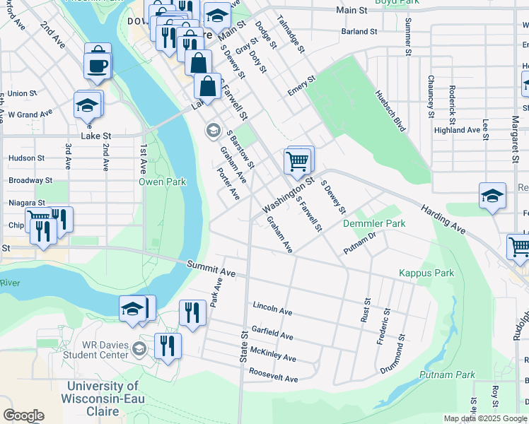 map of restaurants, bars, coffee shops, grocery stores, and more near 111 Washington Street in Eau Claire