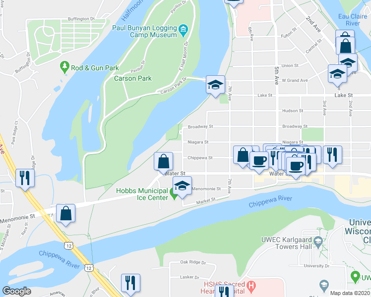 map of restaurants, bars, coffee shops, grocery stores, and more near 308 9th Avenue in Eau Claire