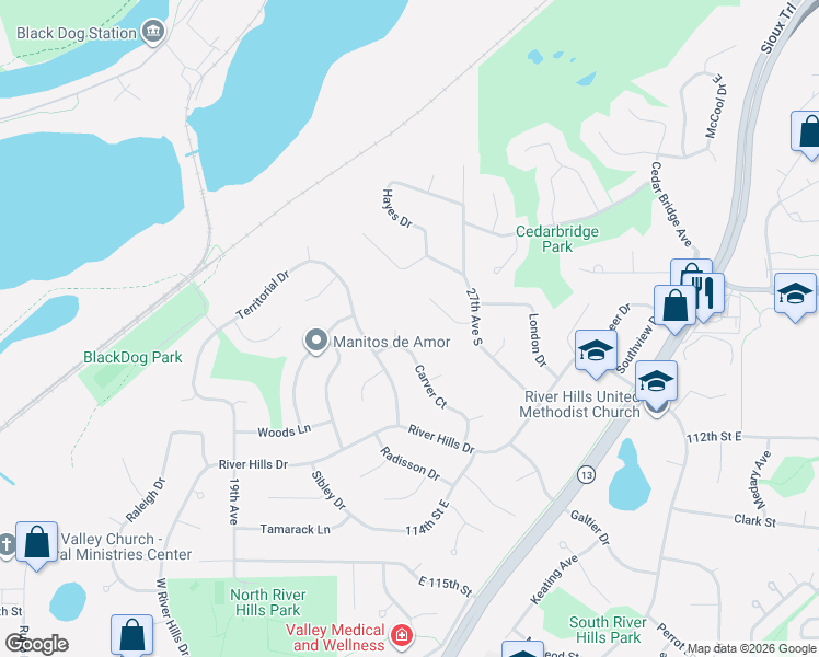 map of restaurants, bars, coffee shops, grocery stores, and more near 11115 Carver Court in Burnsville