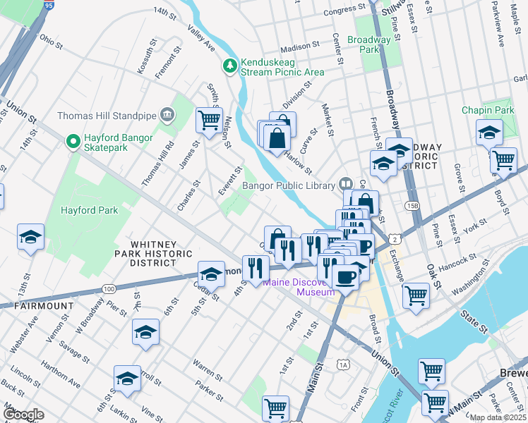 map of restaurants, bars, coffee shops, grocery stores, and more near 123 Court Street in Bangor