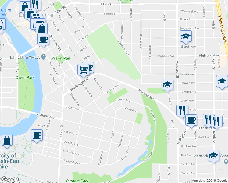 map of restaurants, bars, coffee shops, grocery stores, and more near 1308 Jefferson Court in Eau Claire