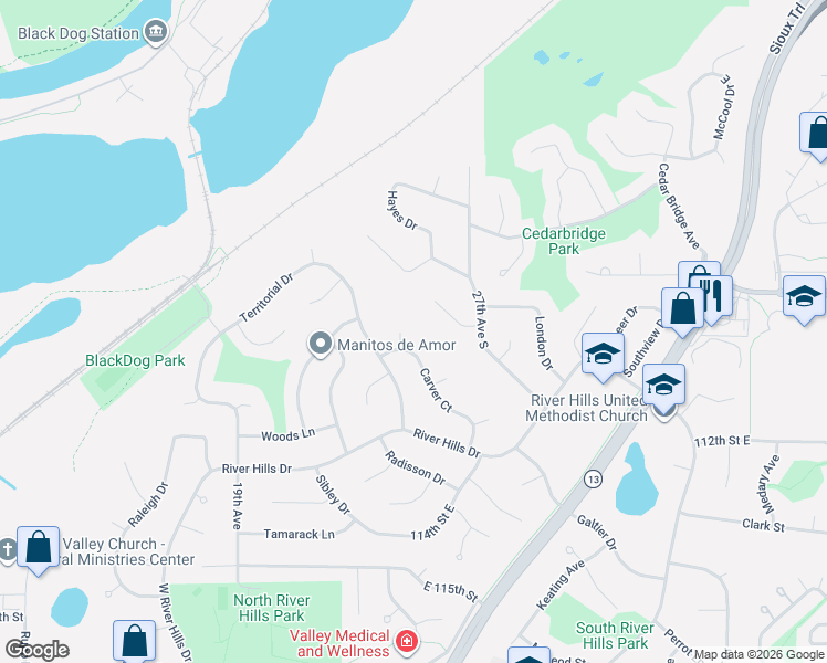 map of restaurants, bars, coffee shops, grocery stores, and more near 11115 Carver Court in Burnsville