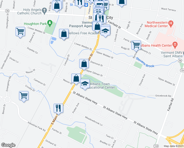 map of restaurants, bars, coffee shops, grocery stores, and more near 16 Upper Gilman Street in Saint Albans City