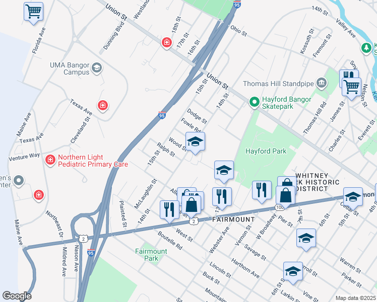 map of restaurants, bars, coffee shops, grocery stores, and more near 224 14th Street in Bangor