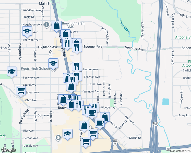 map of restaurants, bars, coffee shops, grocery stores, and more near 3503 Fenwick Avenue in Altoona