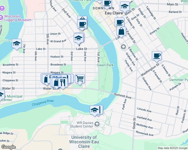 map of restaurants, bars, coffee shops, grocery stores, and more near 110 Chippewa Street in Eau Claire