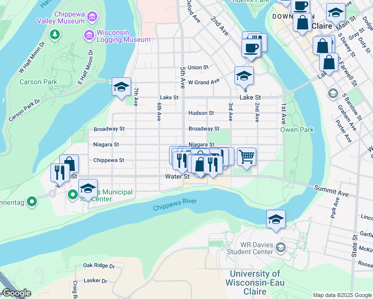 map of restaurants, bars, coffee shops, grocery stores, and more near 430 Chippewa Street in Eau Claire