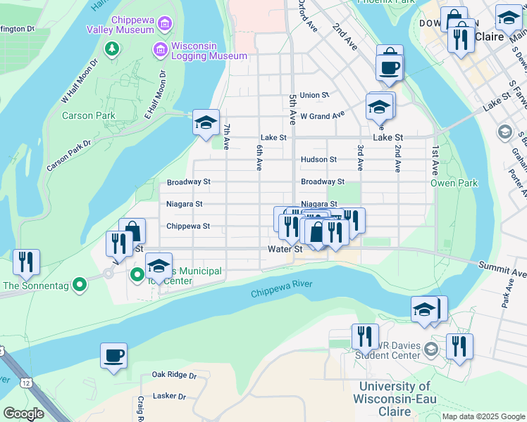 map of restaurants, bars, coffee shops, grocery stores, and more near 304 6th Avenue in Eau Claire