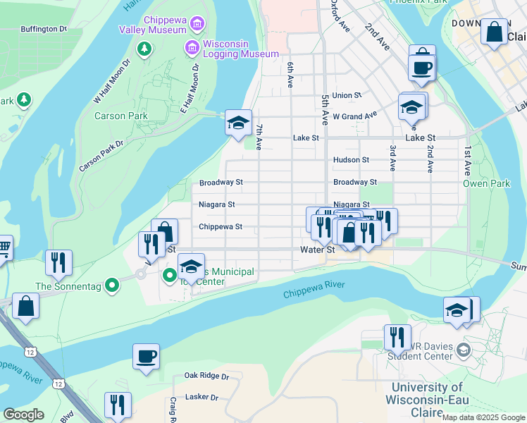 map of restaurants, bars, coffee shops, grocery stores, and more near 640 Chippewa Street in Eau Claire