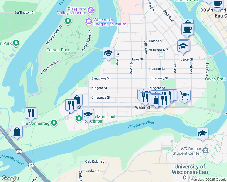 map of restaurants, bars, coffee shops, grocery stores, and more near 728 Chippewa Street in Eau Claire