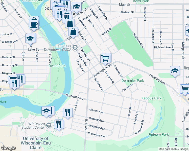 map of restaurants, bars, coffee shops, grocery stores, and more near 221 Washington Street in Eau Claire