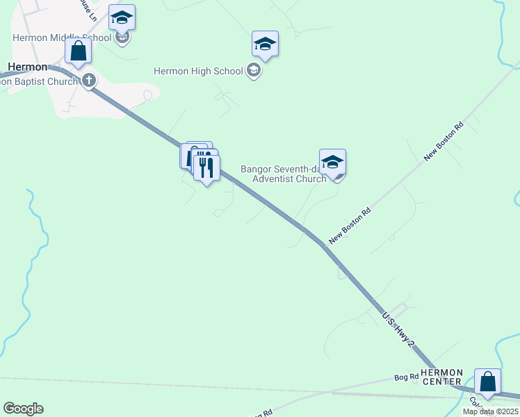 map of restaurants, bars, coffee shops, grocery stores, and more near 2369 U.S. 2 in Hermon