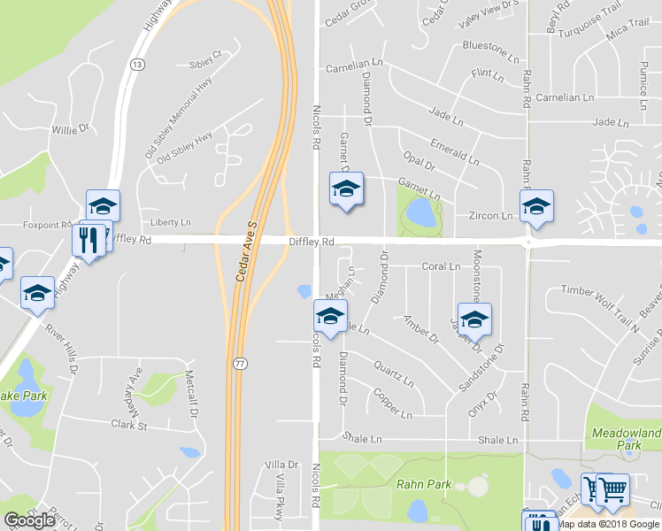 map of restaurants, bars, coffee shops, grocery stores, and more near 4248 Meghan Lane in Eagan