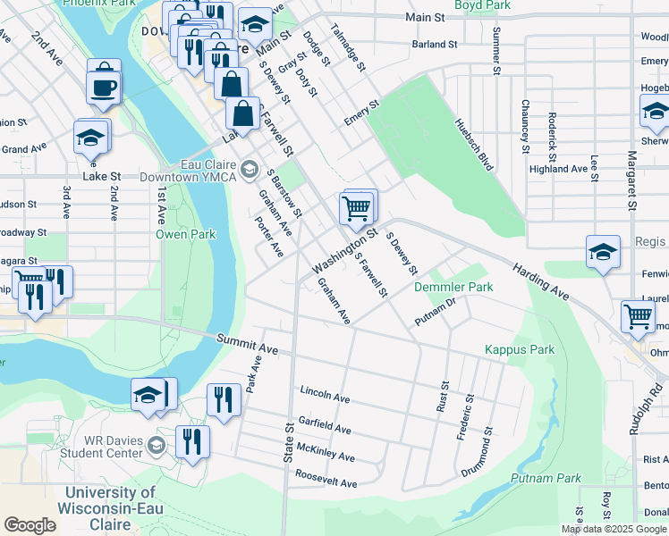 map of restaurants, bars, coffee shops, grocery stores, and more near 221 Washington Street in Eau Claire
