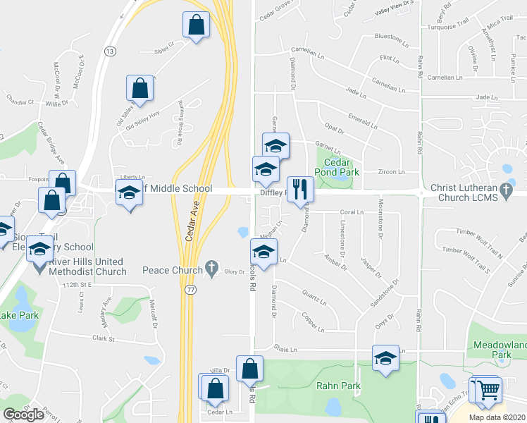 map of restaurants, bars, coffee shops, grocery stores, and more near 4246 Meghan Lane in Eagan
