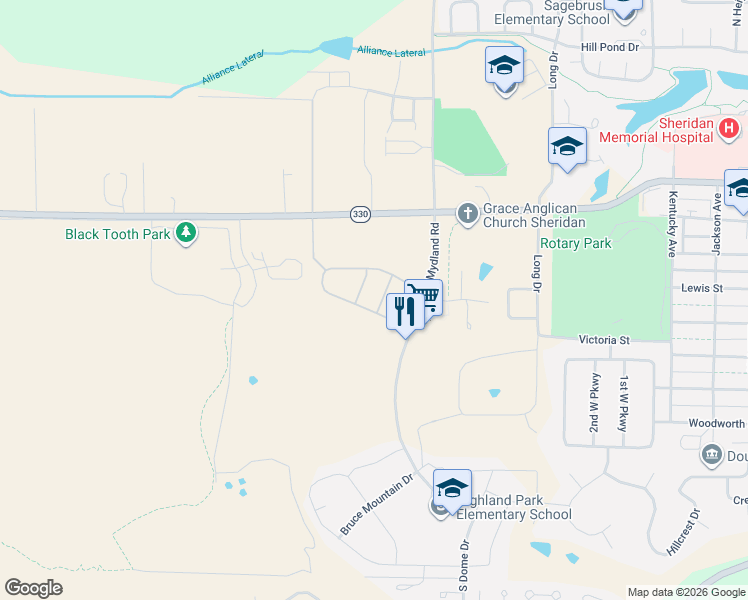 map of restaurants, bars, coffee shops, grocery stores, and more near 1905 Fairway Court in Sheridan
