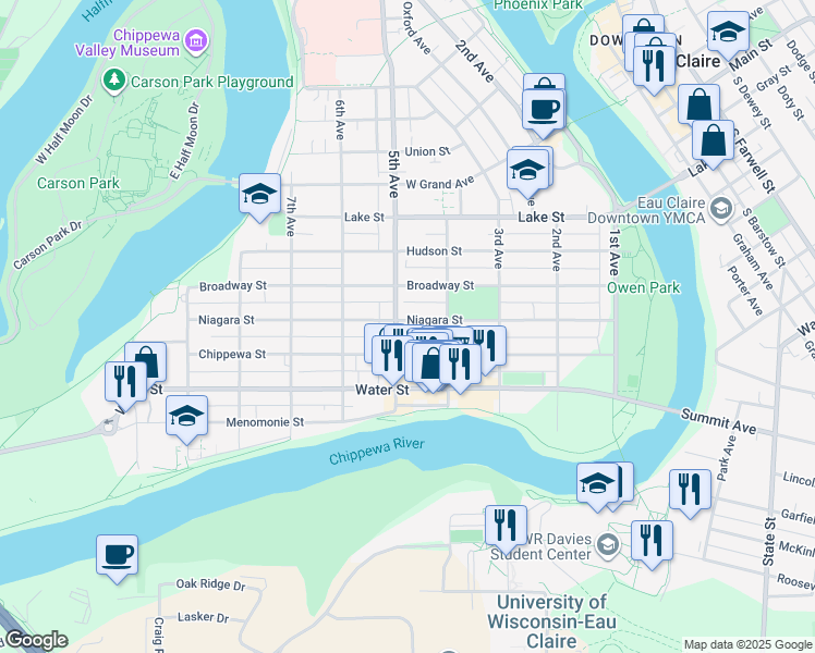 map of restaurants, bars, coffee shops, grocery stores, and more near 430 Chippewa Street in Eau Claire