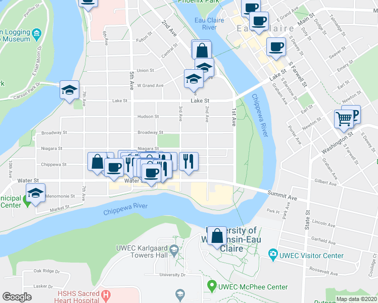 map of restaurants, bars, coffee shops, grocery stores, and more near 233 Niagara Street in Eau Claire