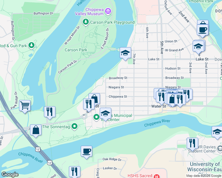 map of restaurants, bars, coffee shops, grocery stores, and more near 827 Niagara Street in Eau Claire