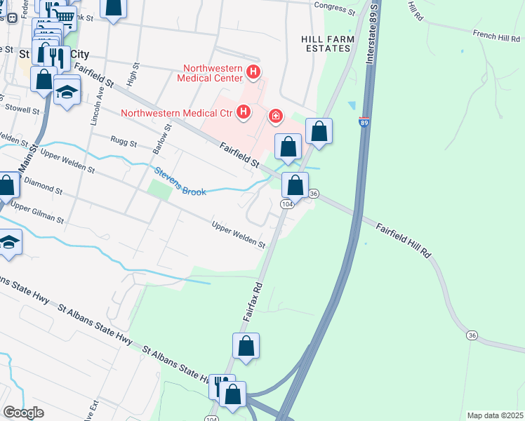 map of restaurants, bars, coffee shops, grocery stores, and more near 110 Fairfax Road in Saint Albans City