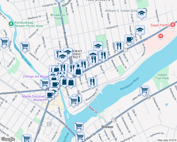 map of restaurants, bars, coffee shops, grocery stores, and more near 17 Adams Street in Bangor
