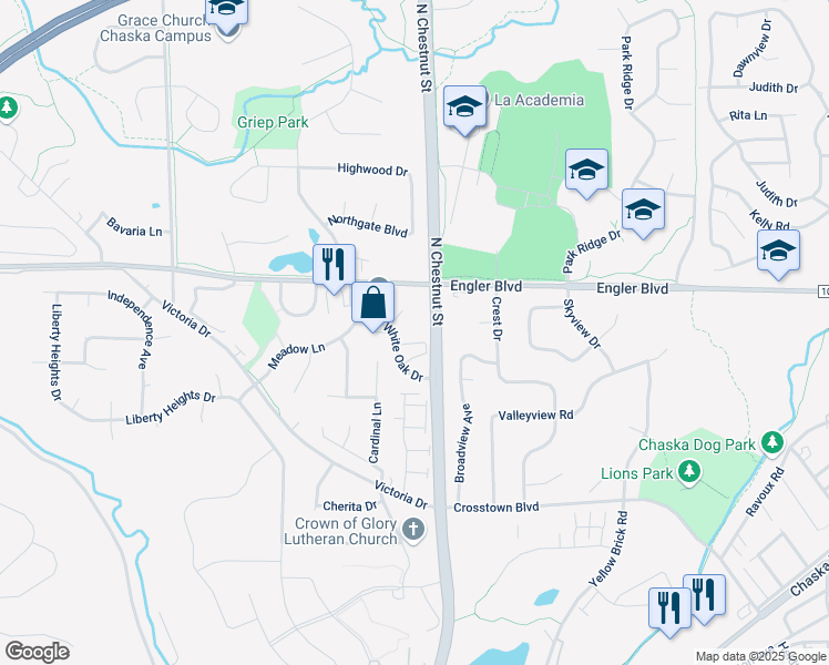 map of restaurants, bars, coffee shops, grocery stores, and more near 1445 White Oak Drive in Chaska