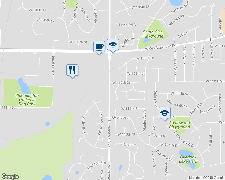 map of restaurants, bars, coffee shops, grocery stores, and more near 11036 Trail West Road in Minneapolis