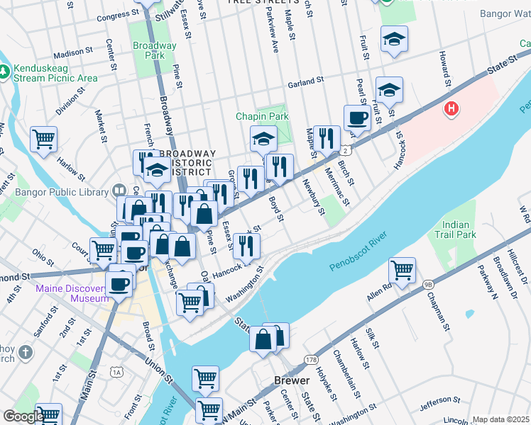 map of restaurants, bars, coffee shops, grocery stores, and more near 21 Boyd Street in Bangor