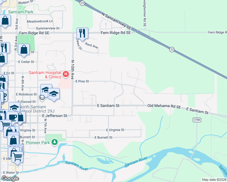 map of restaurants, bars, coffee shops, grocery stores, and more near 1253 Highland Court in Stayton