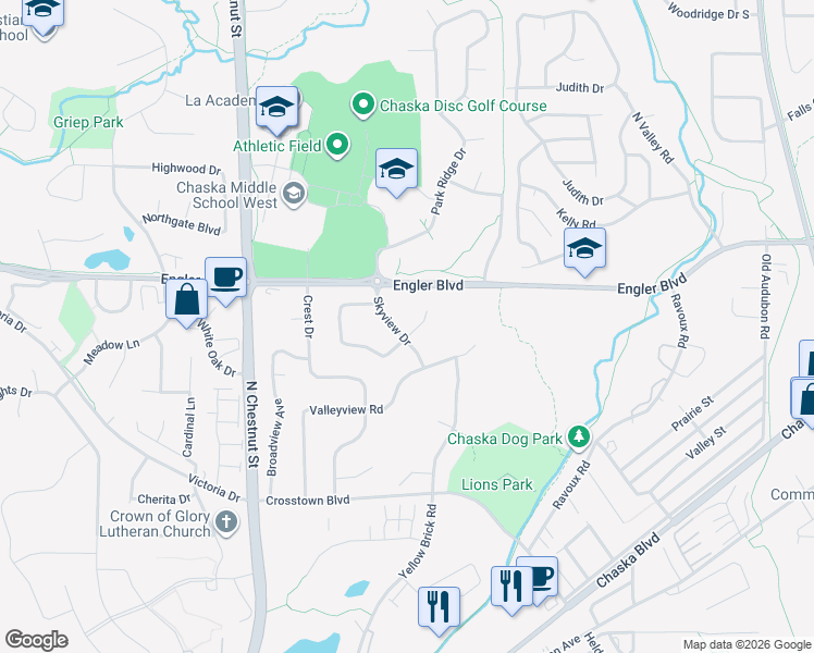map of restaurants, bars, coffee shops, grocery stores, and more near 1529 Skyview Drive in Chaska