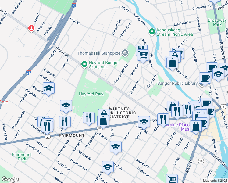 map of restaurants, bars, coffee shops, grocery stores, and more near 11 West Broadway in Bangor