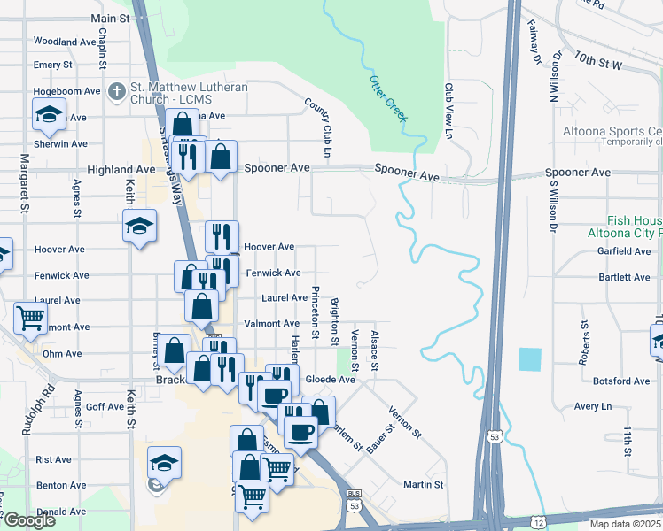 map of restaurants, bars, coffee shops, grocery stores, and more near 603 Princeton Street in Altoona