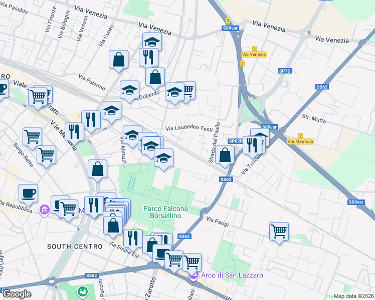 map of restaurants, bars, coffee shops, grocery stores, and more near 32 Via Toscana in Parma