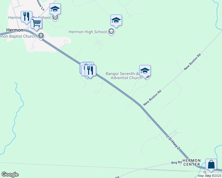 map of restaurants, bars, coffee shops, grocery stores, and more near 2369 U.S. 2 in Hermon