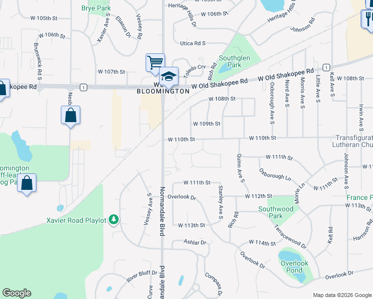 map of restaurants, bars, coffee shops, grocery stores, and more near 11046 Stanley Curve in Bloomington